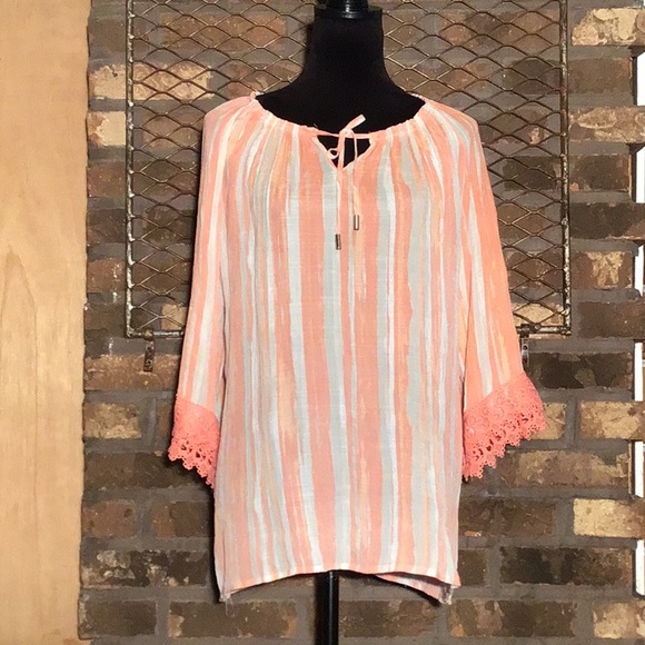 Robert Louis peasant blouse coral white vertical stripes elastic neckline L - Picture 1 of 6